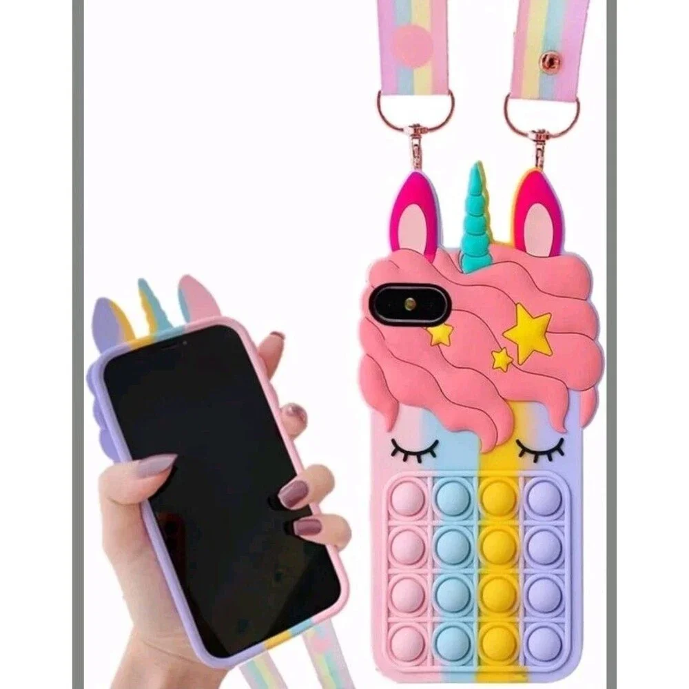 NWOT iPhone 5/5s/SE Pop It Rainbow Unicorn Silicone Phone Case w/AdjLanyard